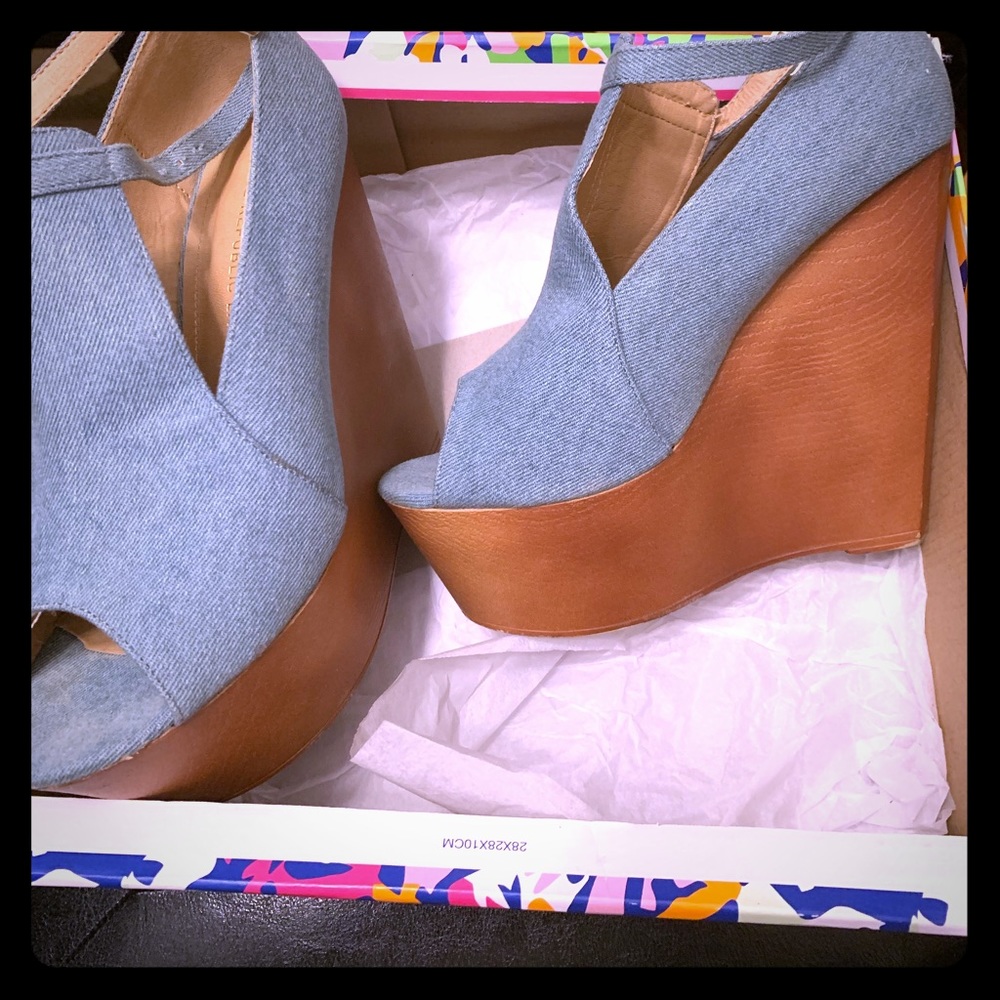 Blue and tan wedge shoes SOLD